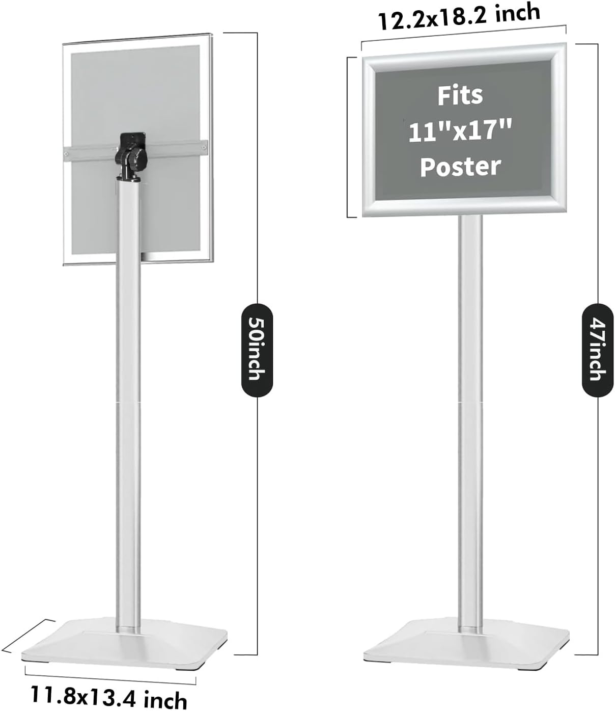 Heavy Duty Adjustable Pedestal Poster Sign Stand, 11x17 Aluminum Open Floor Standing Sign Holder for Vertical and Horizontal View Display, Silver