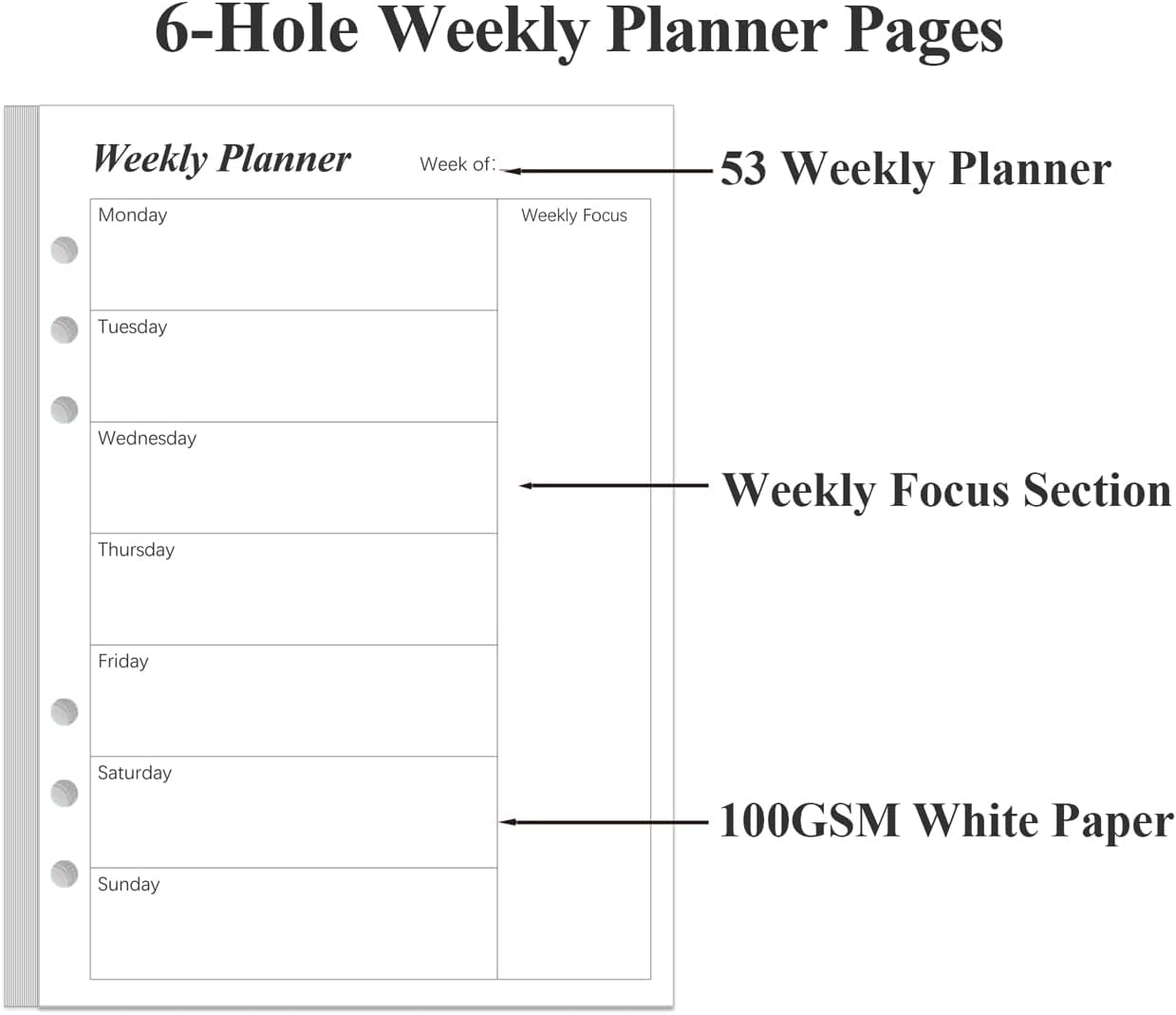 (2-Pack) Weekly Planner Refills for A5 Binders - 106 Sheets/212 Pages Undated Weekly Planner, 6-Hole Punched, 100 gsm White Paper, Lasts 1 Year, Undated, 5.8" x 8.3", Black