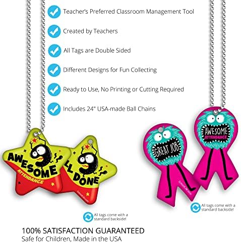 Brag Tags Fun Critters & Monsters Increase Attendance Incentives Value Pack: 250 Multicolor, Waterproof Teslin Brag Tags (25 Per Design) + 75 Hypoallergenic, USA-Made, 24" Aluminum Safety Chains