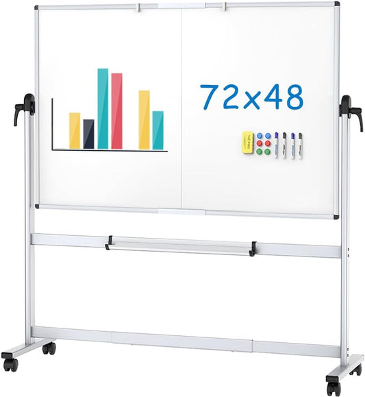 VIZ-PRO Double-Sided Mobile Whiteboard, 72 x 48 Inches, Magnetic Rolling Dry Erase White Board on Wheels with Aluminium Frame and Stand 6' x 4'