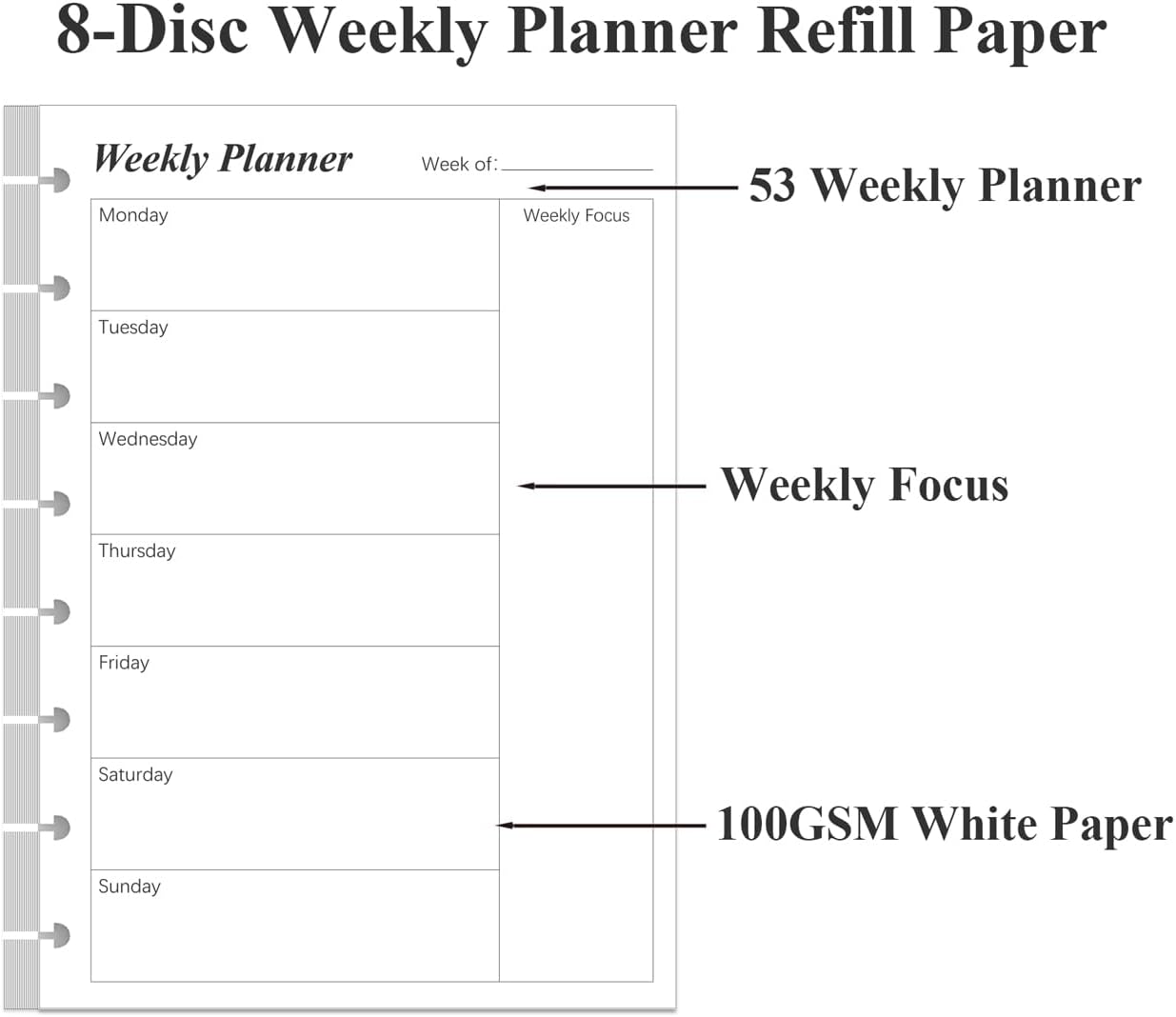 (2-Pack) Weekly Planner Undated Refills - Junior Size 106 Sheets/212 Pages Weekly Planner for 8-Disc Discbound, 100 gsm White Paper, Lasts 1 Year, Undated, 5.8" x 8.3", Black