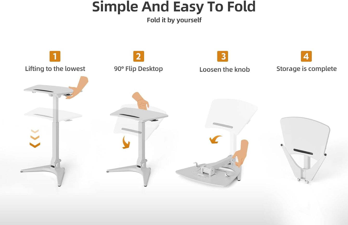Claiks Mobile Standing Desk, Portable Rolling Workstation With Wheels, Pneumatic Height Adjustable Sit-Stand With 90 Tiltable, Foldable Non-Slip Computer Stand, White