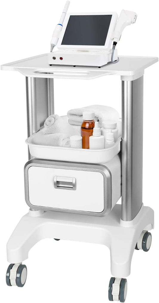 Medical Trolley Cart Mobile Ultrasound Cart 130 LBS Load Professional Portable Storage Drawer with 4 Silent Wheels Tray for Hospital Dental Clinic Beauty Salon Office Bedroom