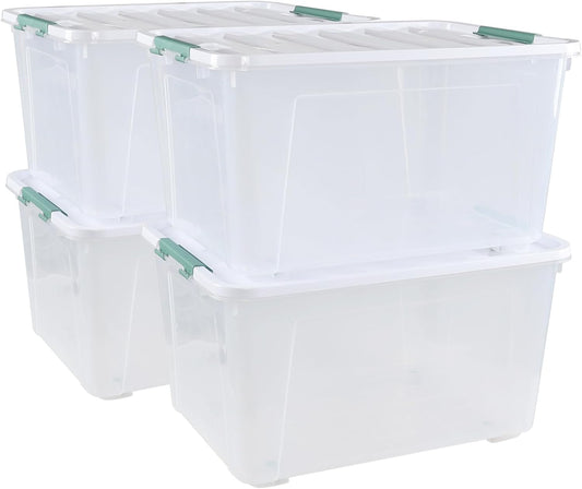 80 L Large Plastic Storage Bins with Lids, 4 Pack Wheeled Clear Storage tote with Latch Handle