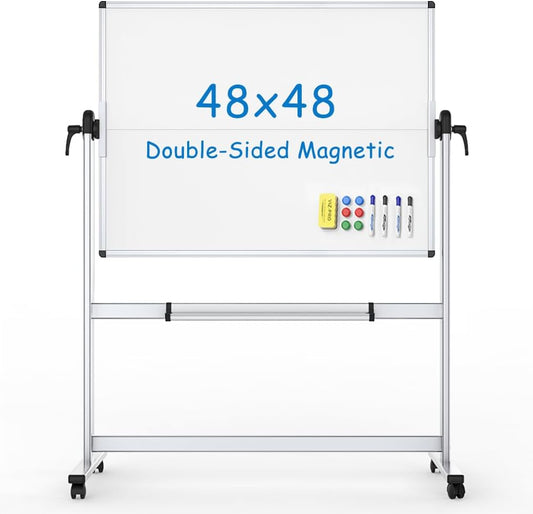 VIZ-PRO Double-Sided Mobile Whiteboard, 48 x 48 Inches, Magnetic Rolling Dry Erase White Board on Wheels with Aluminium Frame and Stand 4' x 4'