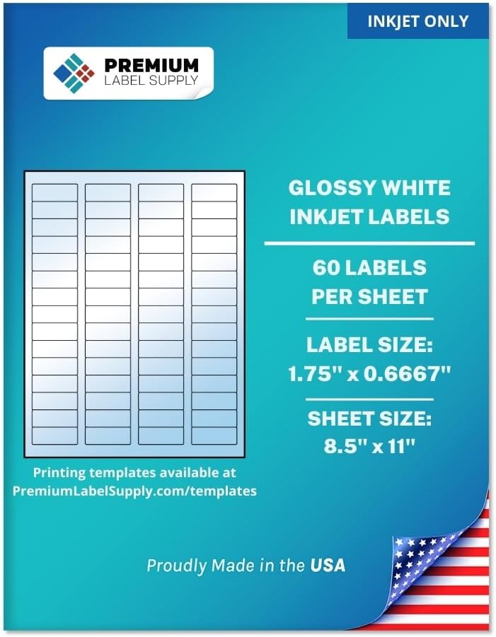 Premium Label Supply Glossy White Sticker Return Address Labels – 1.75" x 0.6667" – (60 per Sheet) (Glossy White for Inkjet Only, 1,500 Labels)