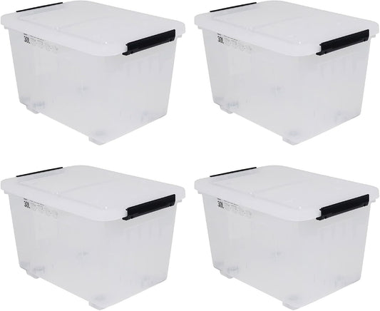 4 Packs 30 Liter Clear Large Storage Boxes Container with Lids and Wheels