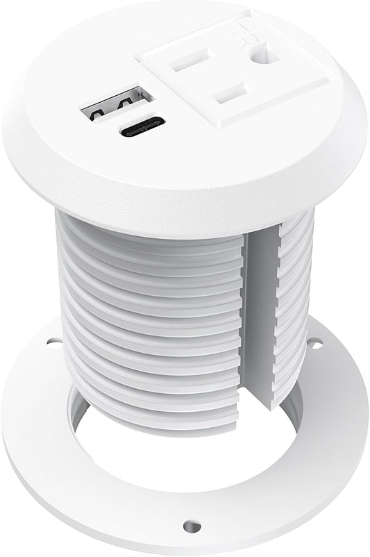 Recessed Power Grommet 2 inch,Tamper-Resistant Design AC Outlets, Fast Charging Station USB-C Port,Desk Hole Grommet Recessed Outlet,Round Desktop Conference Room Power Grommet Outlet (White)