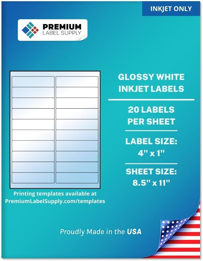 Premium Label Supply Glossy White Address Sticker Labels – 4" x 1" – (20 per Sheet) (Glossy White for Inkjet Only, 2,000 Labels)