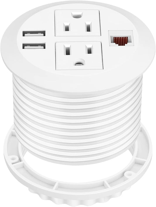 BTU Desktop Power Grommet with USB, 3 inch Hole Recessed Power Outlet, Flush Mount Power Strip Outlet with 2 AC Outlet & 2 USB Ports & 1 CAT6 & 10ft Power Cords for Table, Office, Home, Hotel, White