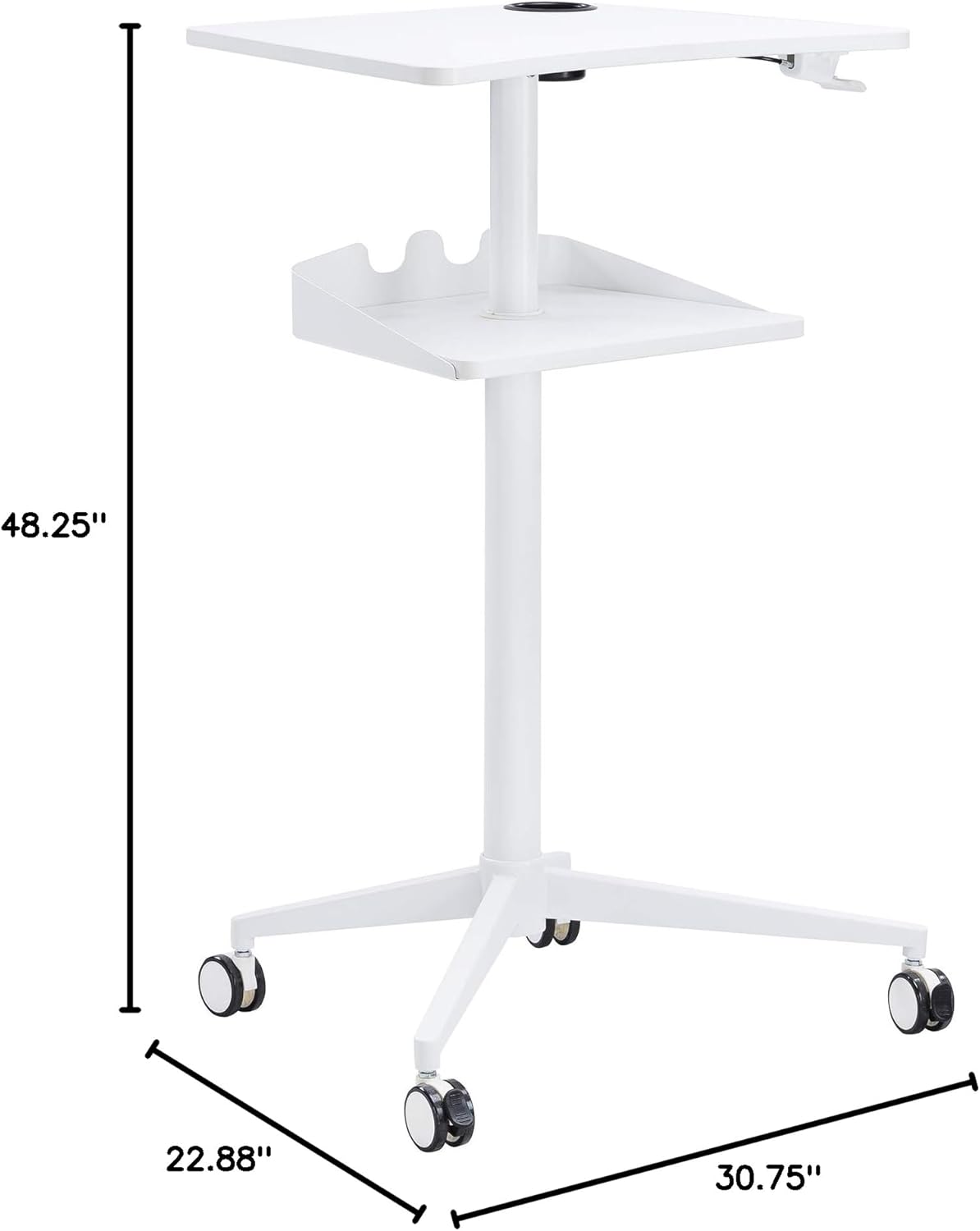 Safco 1944WH VUM Pneumatic Height-Adjustable Stand-Up Mobile Laptop Computer Workstation, Mobile Computer Cart, 22.875" D x 30.75" W x 48.25" H