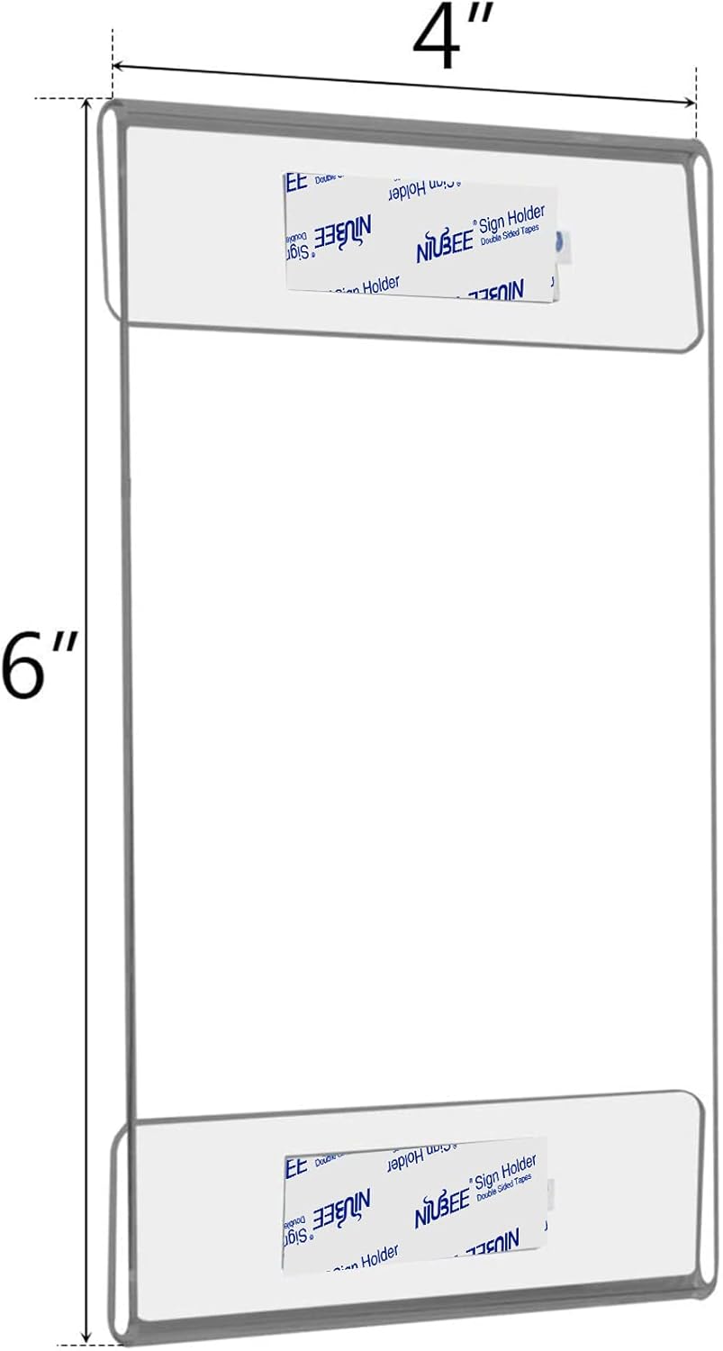 Niubee 4 x 6 inch Wall Mount Acrylic Sign Holder with Double Sided Adhesive Tape for Office, Home, Store, Restaurant, No Drilling - Vertical (6 Pack)