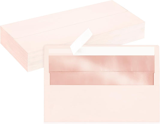 50 Pack #10 Blush Pink Business Envelopes with Metallic Rose Gold Foil Lining, Standard Letter Size Mailing Envelopes Self Seal for Checks Invoices Party Birthday Wedding, 4 1/8 x 9 1/2 Inch