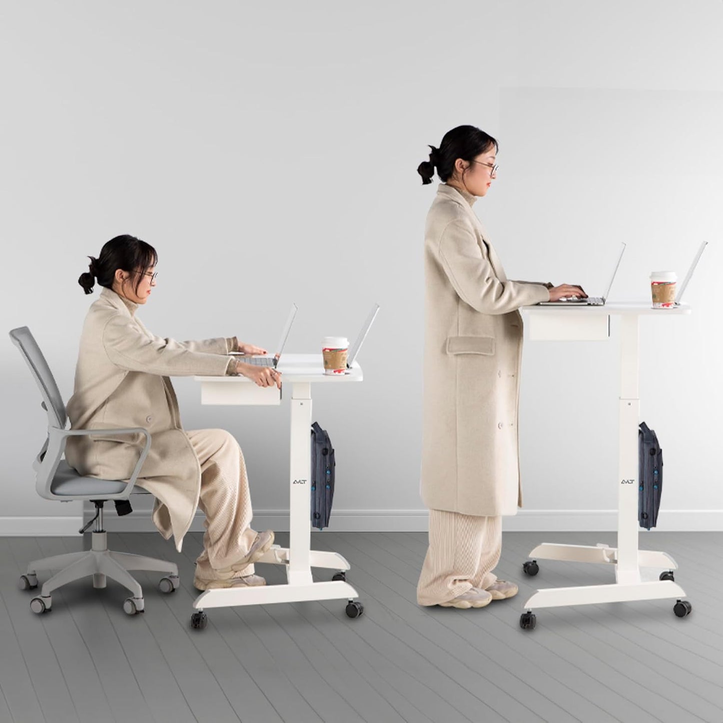 AVLT 44" Height Adjustable Foot Pedal Rolling Desk with Shelf (3 ft 8 inches) - Pneumatic Laptop Standing Desk Cart - Mobile Laptop Cart - White Computer Projector Cart with Brake Casters