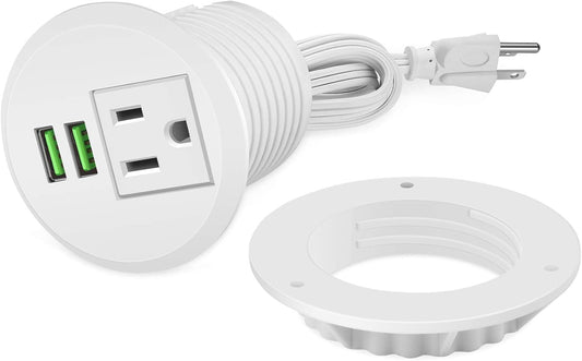 Desk Power Grommet wiht USB, Fits 2 inch Grommet Hole, Recessed Power Strip Socket, Plug in 2 Outlet 6.5 ft Extension Cord (White Round)