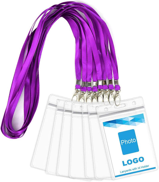 Lanyard with ID Holder 50 Pcs Waterproof Name Tag Badge ID Card Holders ID Pass Holder and 50 Pcs Flat Neck Lanyards Swivel Hook (Purple, Vertical)