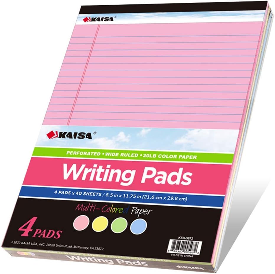 KAISA Colored Legal Pad Writing Pads 8.5x11 inch, Wide Ruled, 40 Sheets/Pad, 20lb Colored Paper, Perforated Writing Pad with Sturdy Back (4 Pads), KSU-5972