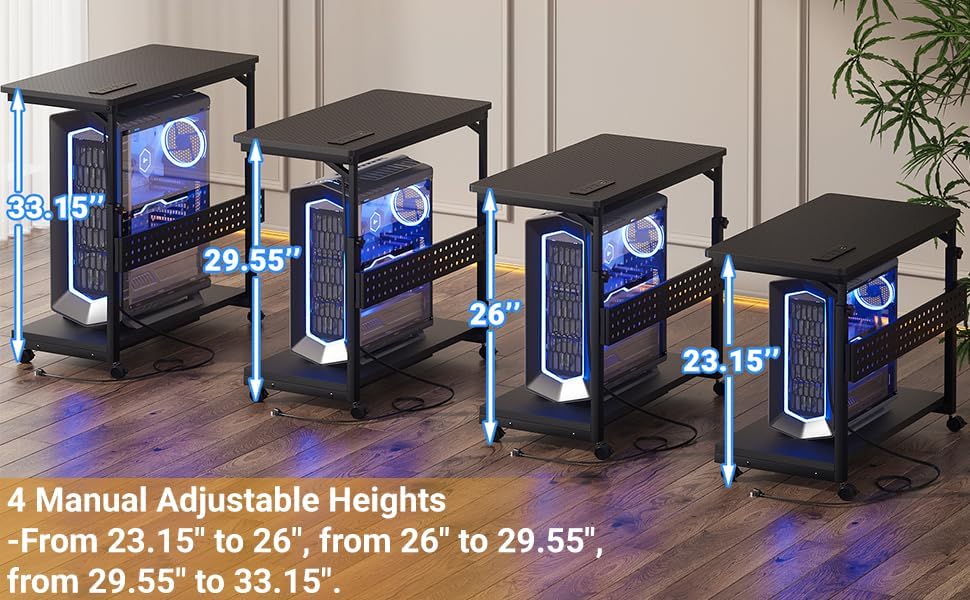 32" Large Computer Tower Stand with Power Strips, 4 Levels Manual Height Adjustable PC Tower Stand for Under Desk, Mobile Rolling CPU Holder Computer Cart with Wheels, Carbon Fiber Black