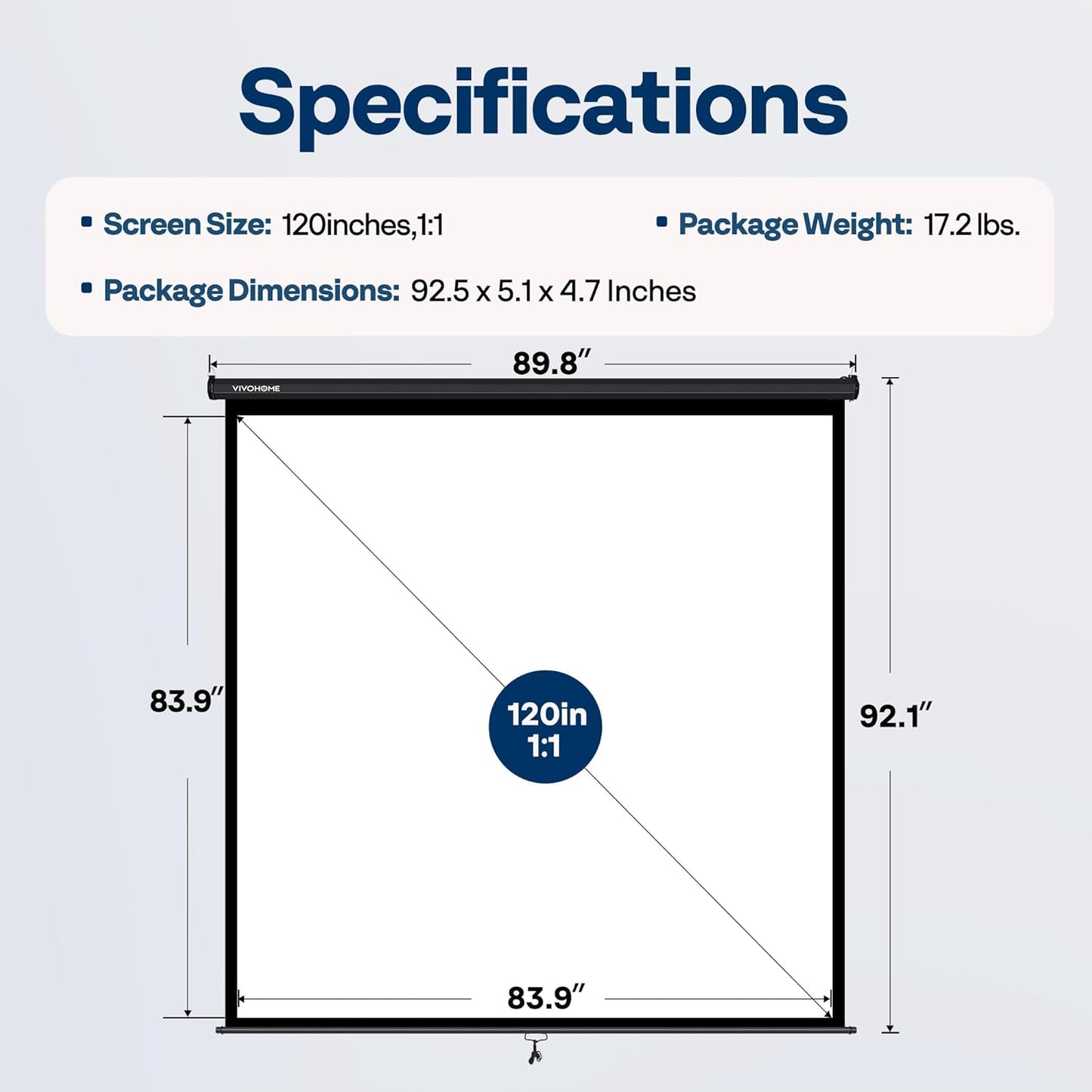 VIVOHOME Projector Screen Pull Down, 1:1 120 Inch Retractable Projection Screen, HD 4K Manual Pull Movie Screen for Home Theater, Cinema, Office (84x84 Inch Black)