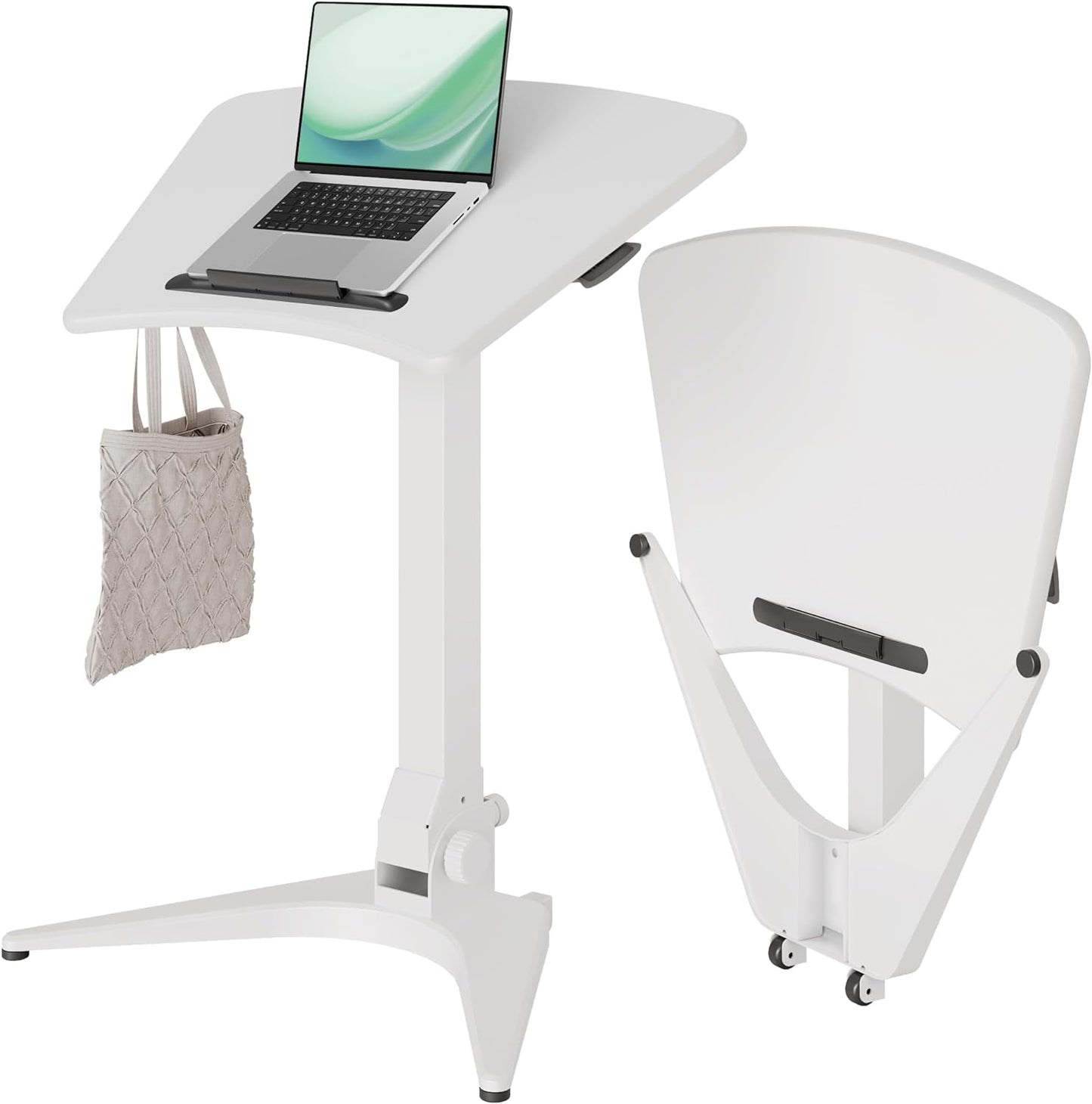 Claiks Mobile Standing Desk, Portable Rolling Workstation With Wheels, Pneumatic Height Adjustable Sit-Stand With 90 Tiltable, Foldable Non-Slip Computer Stand, White