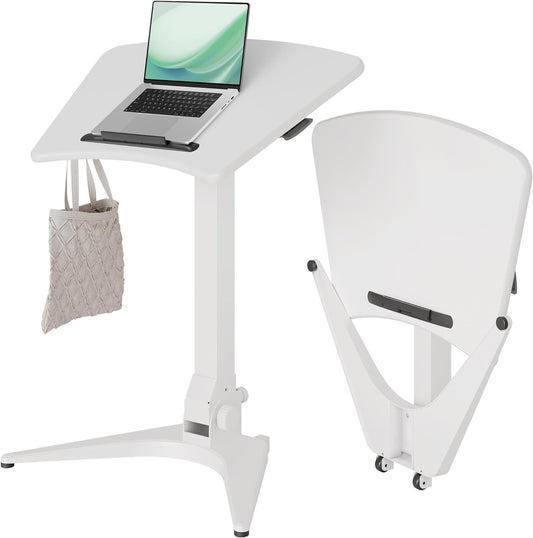 Claiks Mobile Standing Desk, Portable Rolling Workstation With Wheels, Pneumatic Height Adjustable Sit-Stand With 90 Tiltable, Foldable Non-Slip Computer Stand, White
