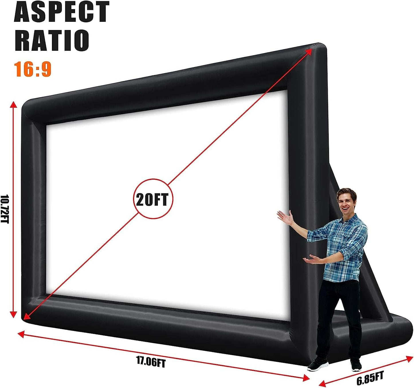 Inflatable Projector Screen, 20FT Portable Blow Up Outside Projector Screen, Front & Rear Projection, with Rope, Air Blower, Ground Nails and Carry Bag, for Theater/Football/Backyard Party
