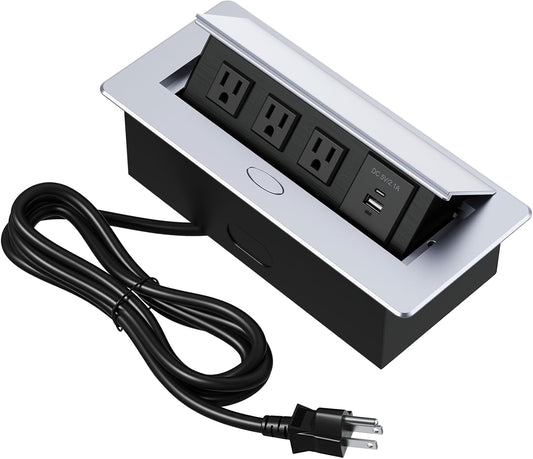 KYHSHJ Connection Box Desktop Pop Up Outlet with 3 * 15A Receptacle，2.1A 1 USB-A Ports &1 USB-C Port，Corrosive Resistant Hardware,Silver