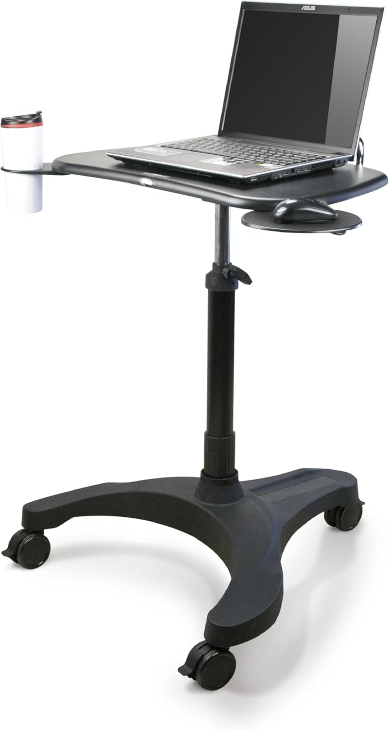 EHO Mobile Laptop Desk Cart with Wheels, Height Adjustable Standing Desk with Pneumatic Lift, Rolling Workstation with Mouse Tray and Cup Holder, Portable Table for Home Office or Classroom
