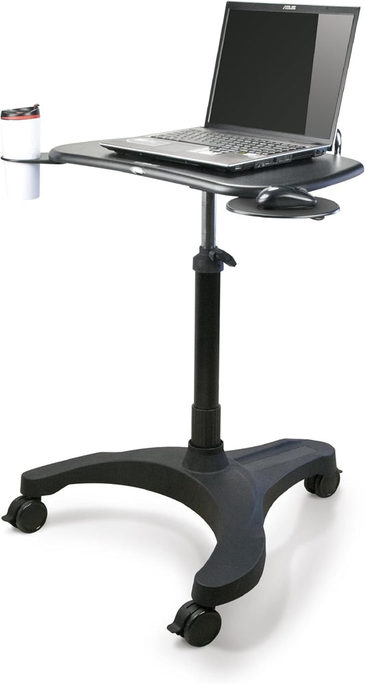 EHO Mobile Laptop Desk Cart with Wheels, Height Adjustable Standing Desk with Pneumatic Lift, Rolling Workstation with Mouse Tray and Cup Holder, Portable Table for Home Office or Classroom