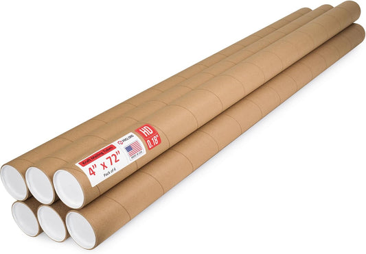 4" x 72" Heavy-Duty Reinforced Cardboard Mailing Tube, Pack of 6 Tubes with 12 Caps – Secure USPS Approved – Great for Shipping and Storing of Prints, Artwork, Posters or Documents