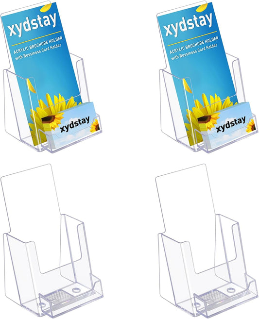 4x9 Acrylic Brochure Holder with Business Card Holder, Clear Display Stand, Plastic Table stand Sign Holder, Pamphlet Holder Flyer Holder, Acrylic Display Stand for Office, Home, Store, 4 Pack