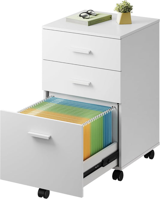 DEVAISE 3 Drawer Wood Mobile File Cabinet, Rolling Filing Cabinet for Letter/A4 Size, White