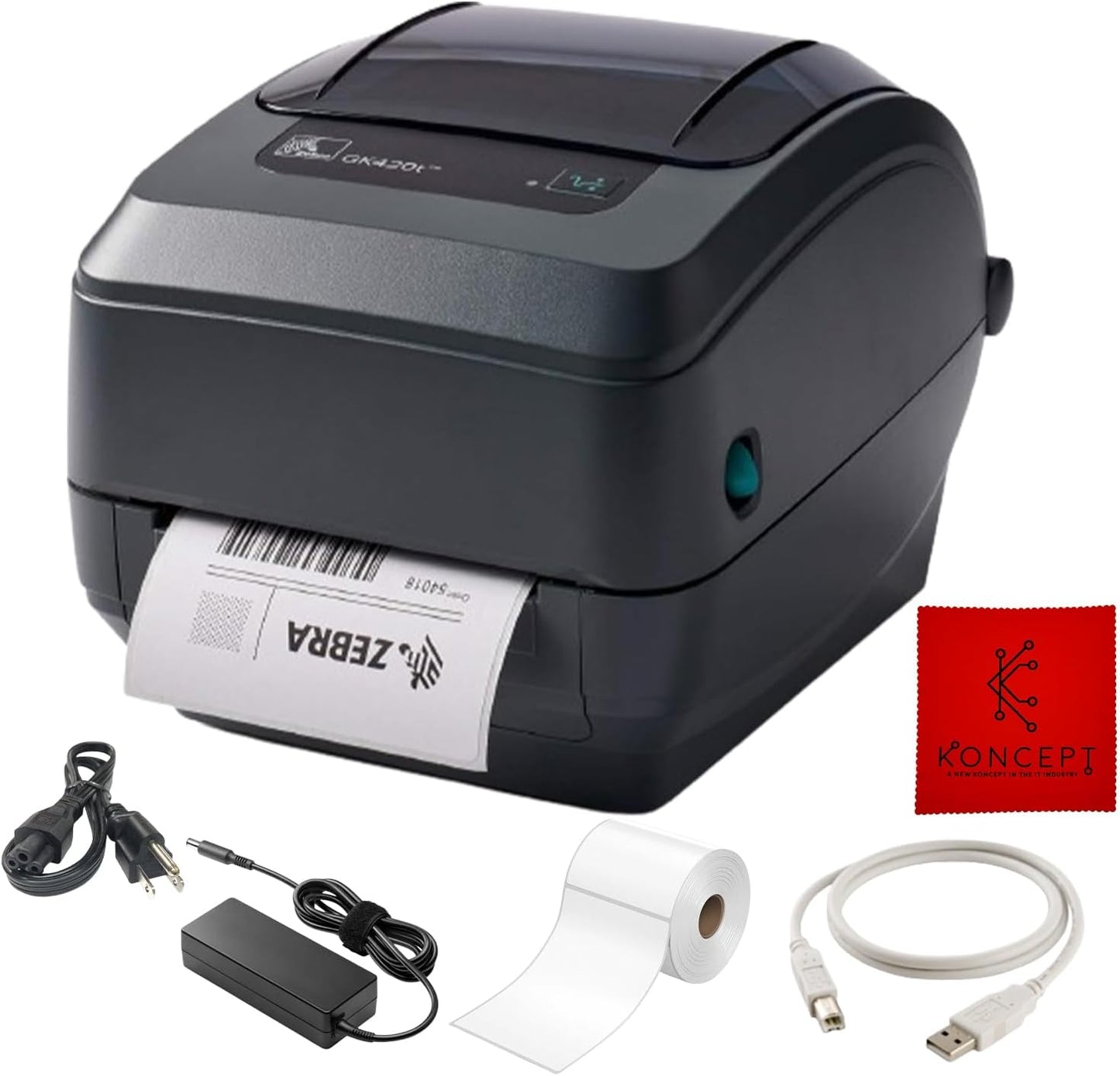 GK420T Zebra Thermal Transfer Monochrome Desktop Printer for Labels, Receipts, Barcodes, Tags, and Wrist Bands - with USB, Ethernet Port Connectivity & Microfiber Cleaning Cloth