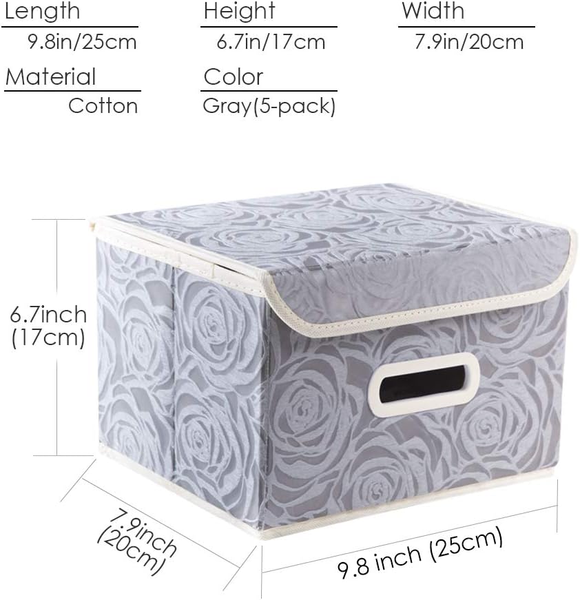 PRANDOM Stackable Storage Boxes with Lids [5-Pack] Fabric Decorative Storage Bins Cubes Organizer Containers Baskets with Cover Handles Divider for Bedroom Closet Living Room Grey 9.8x7.9x6.7 Inch