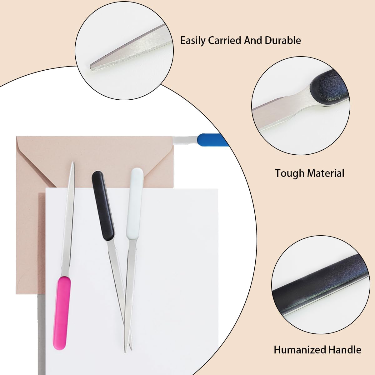 4 Pcs Letter Opener, Stainless Steel Letter Opener Knife, Stainless Steel Hand Envelope Slitter, Stainless Steel Envelope Openers, Lightweight Mail Slitters Letter Knives (Black, White, Blue, Pink)