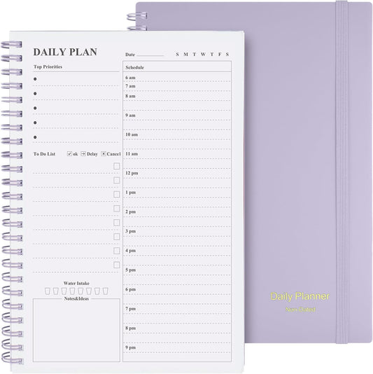 Asten Daily Planner Notebook, Undated To Do List with Hourly Schedules, Spiral Binding, Appointment Planner for Men & Women, ADHD-Friendly, Purple, 8.3" x 5.8"