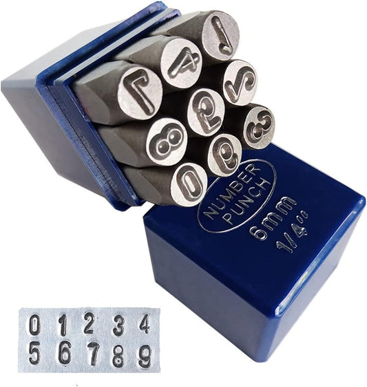 YKLP 1/4" Metal Number Stamps Set, 6mm Steel Number Punch DIY Tool for Leather, Brass, Aluminum, Mild Steel 9Pcs(0-9)