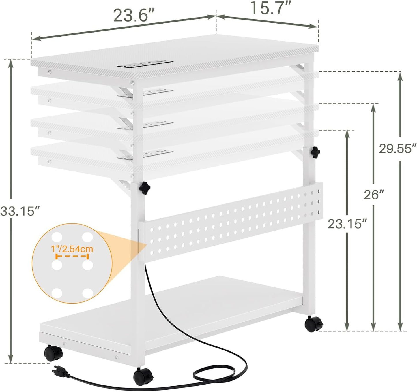 Computer Tower Stand with Power Strips, 4 Levels Manual Height Adjustable PC Tower Stand for Under Desk, Mobile Rolling CPU Holder, Computer Cart with Wheels, 24", Carbon Fiber White
