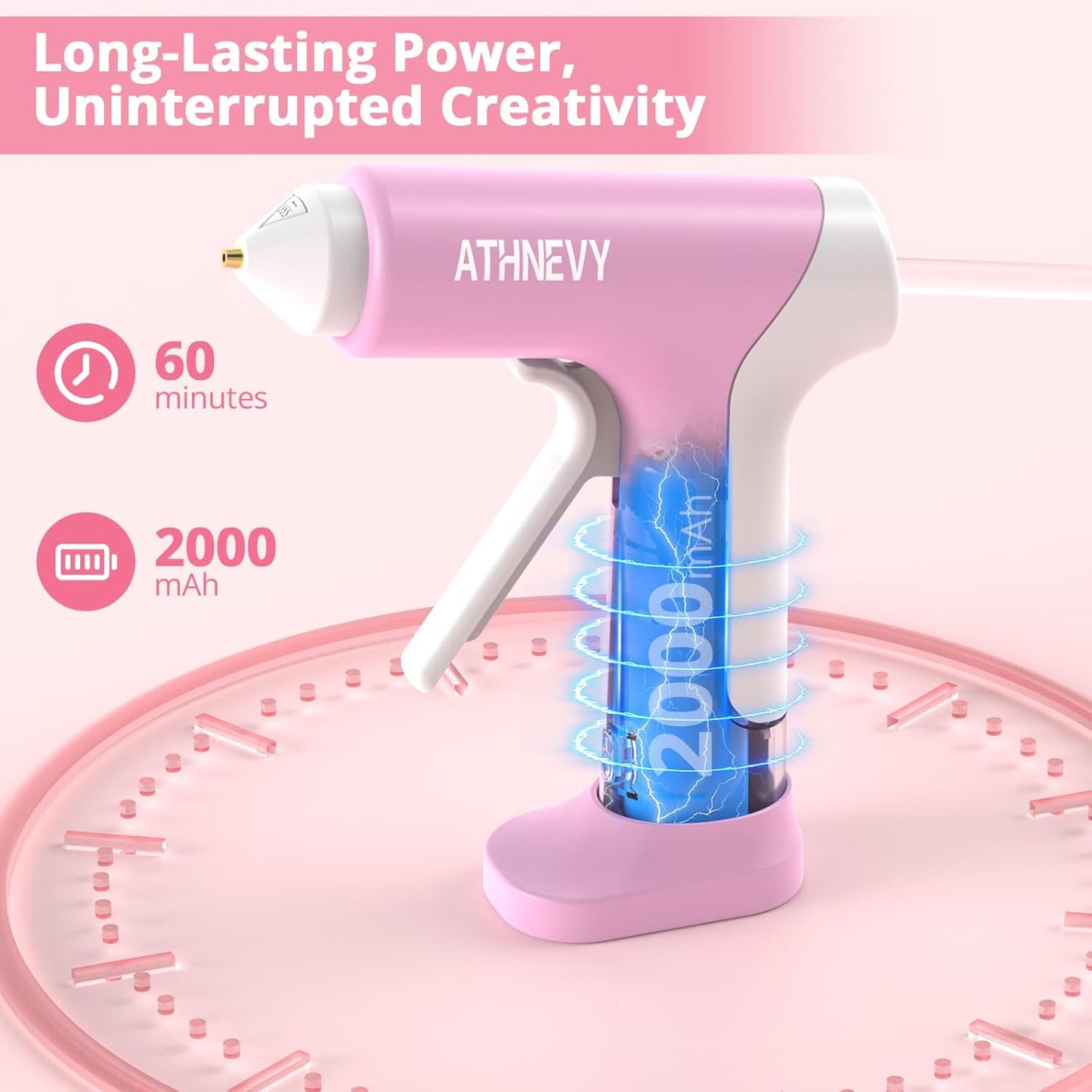 Cordless Hot Glue Gun 4V 20W, 10s Fast Preheat, 30PCS Mini Glue Sticks 7x100mm, Type-C Rechargeable, Anti-Drip, Auto-Off, for DIY Crafts, Repair, Decoration (Pink)