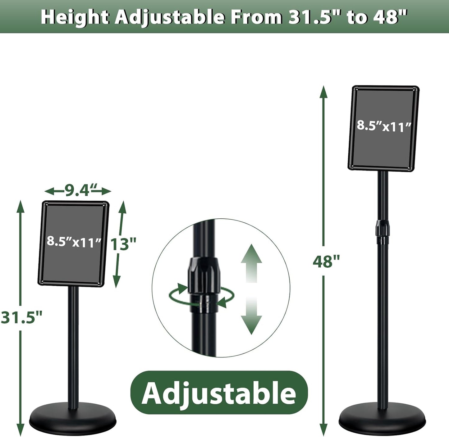Pedestal Sign Holder 8.5"x 11" Adjustable Standing Sign Holders Black Floor Standing Sign Holder Vertical and Horizontal View Sign Display for Posters, Menu, Ads (6 Packs)