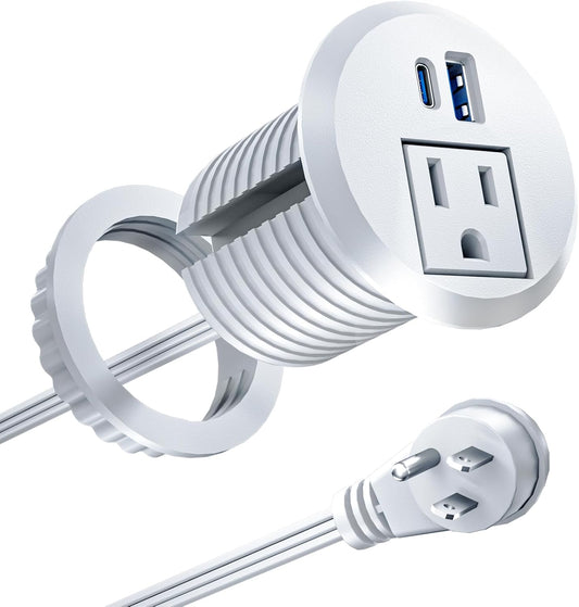 Recessed Power Grommet with 20W USB C Fast Charging, 2 inch Conference Recessed Outlet,Flush Mount for Desk,Office Tables,Furniture,6FT Cord, 45° Thin Flat Plug, White