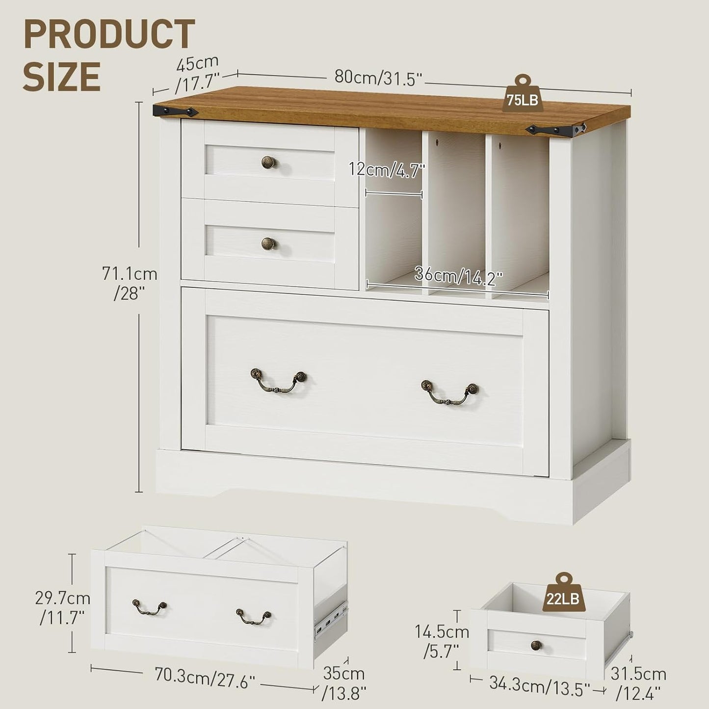 Farmhouse File Cabinet for Home Office, Lateral Filing Cabinet with 3 Drawers & Folder Organizer, Office Storage Cabinet for A4 Letter Files, Printer Stand with Storage Cabinet, White & Walnut