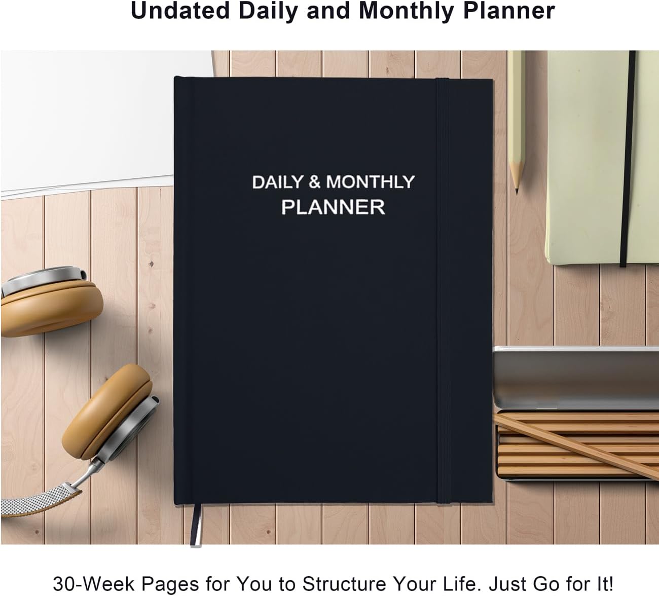 Daily & Monthly Planner for 2025 2026 or Anytime - ADHD Planner Two Pages Per Day, Daily Planner Undated to Increase Focus, Eliminate Overwhelm, Achieve Your Biggest Goals, 8.5'' × 11'', Black