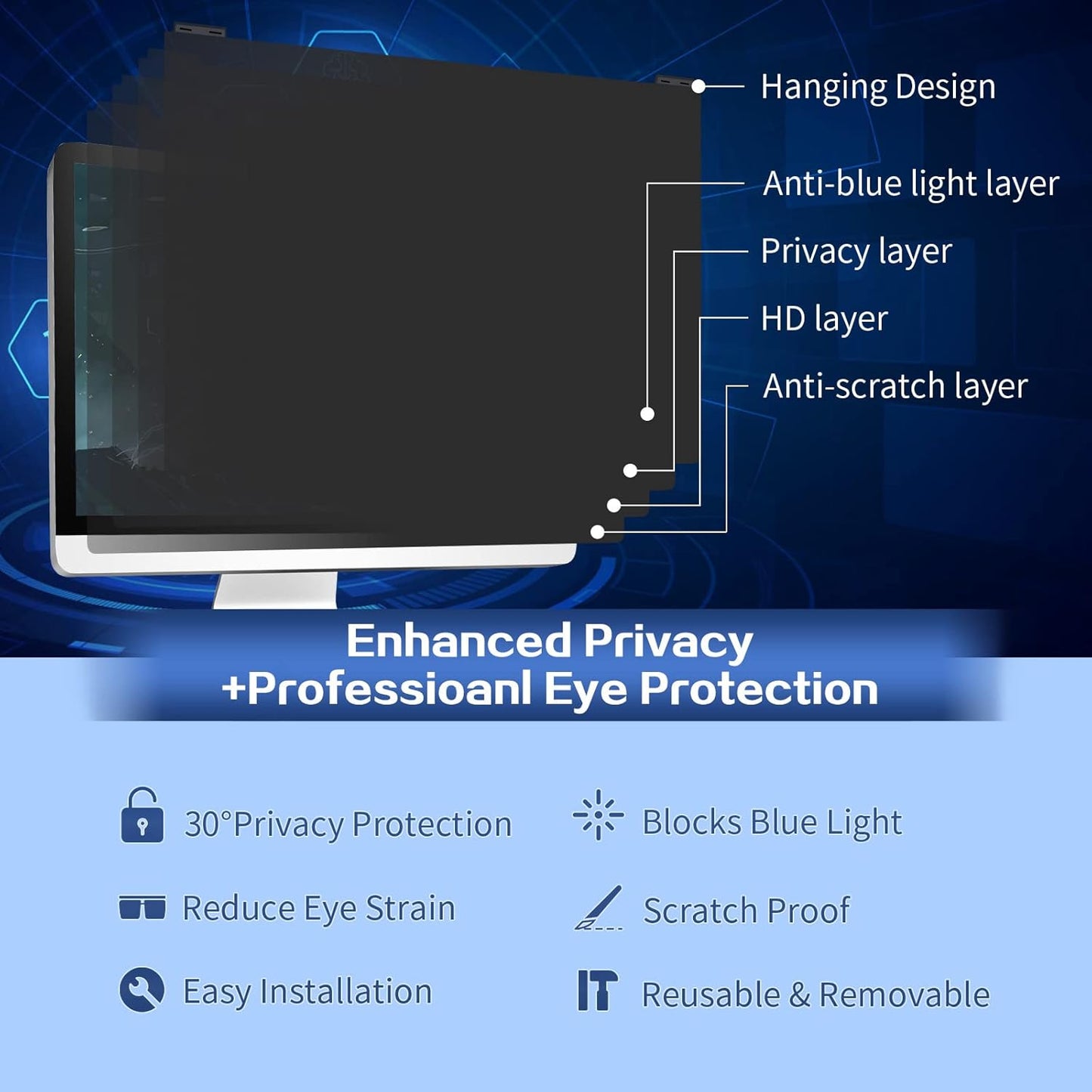 Computer Privacy Screen Filter 22 Inch, 9H Hardness Hanging Computer Screen Privacy Shield Compatible with 16:10 Widescreen Monitor, Eye Protection and Blue Light Blocks