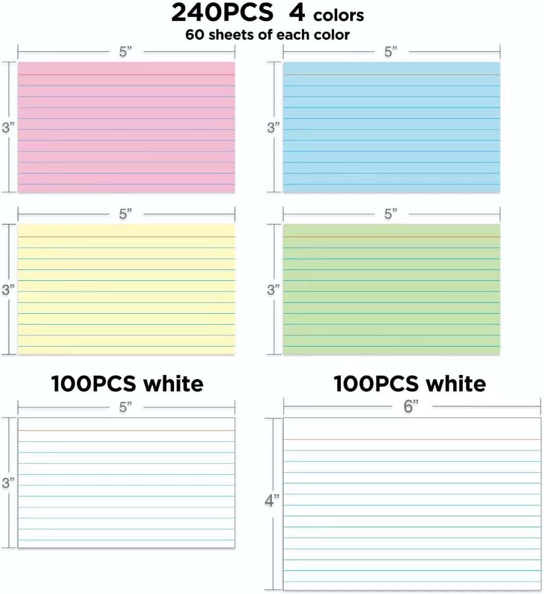 KAISA Colored Index Cards - 3"x5" & 4"x6" Mixed, 6 Pack, Ruled, Blank on Back, Made in USA