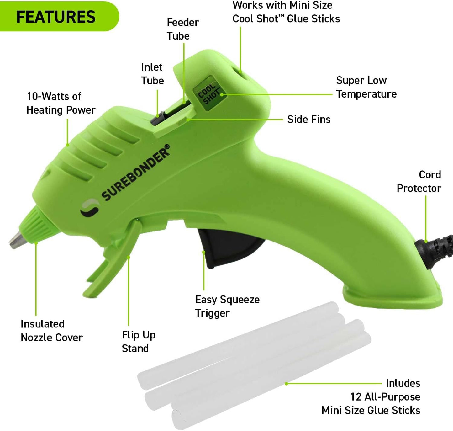 Surebonder 10W Ultra Low Temp Cool Shot Mini Glue Gun Kit with 12 Glue Sticks, Bonds Delicate Materials Like Paper, Fabric, Foam, Balloons - Clear