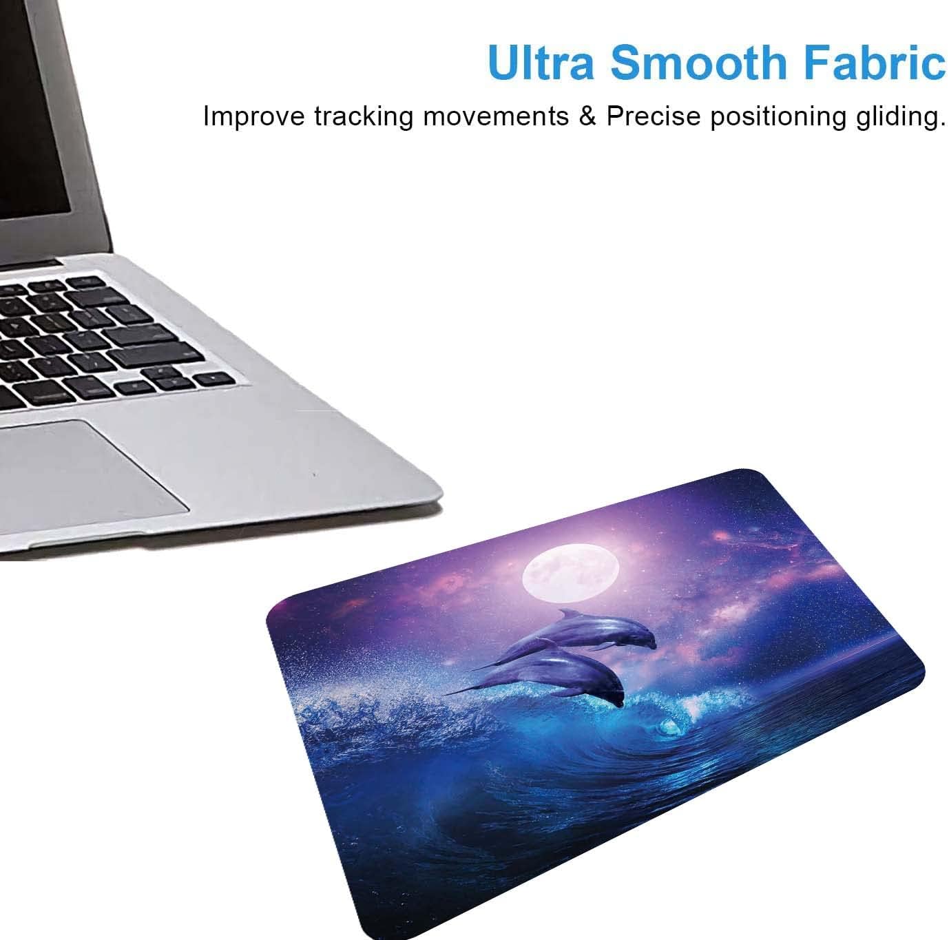 Night Ocean Mouse Pad, Beautiful Dolphins Full Moon Mouse Mat, Waterproof Non Slip Rubber Base, 9.5"x7.9"x0.12" Inch