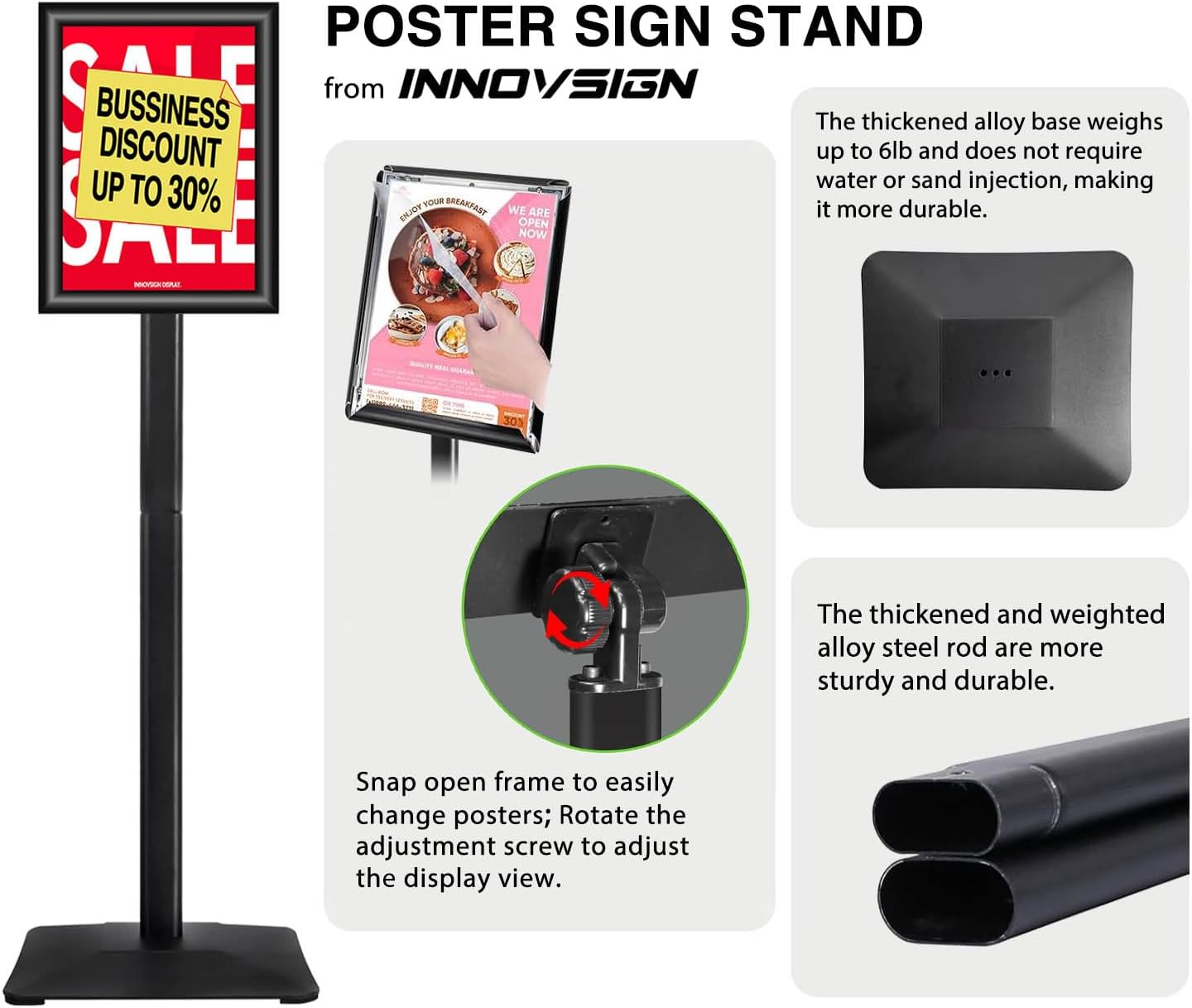Heavy Duty Adjustable Pedestal Poster Sign Stand, 11x17 Aluminum Open Floor Standing Sign Holder for Vertical and Horizontal View Display, Black