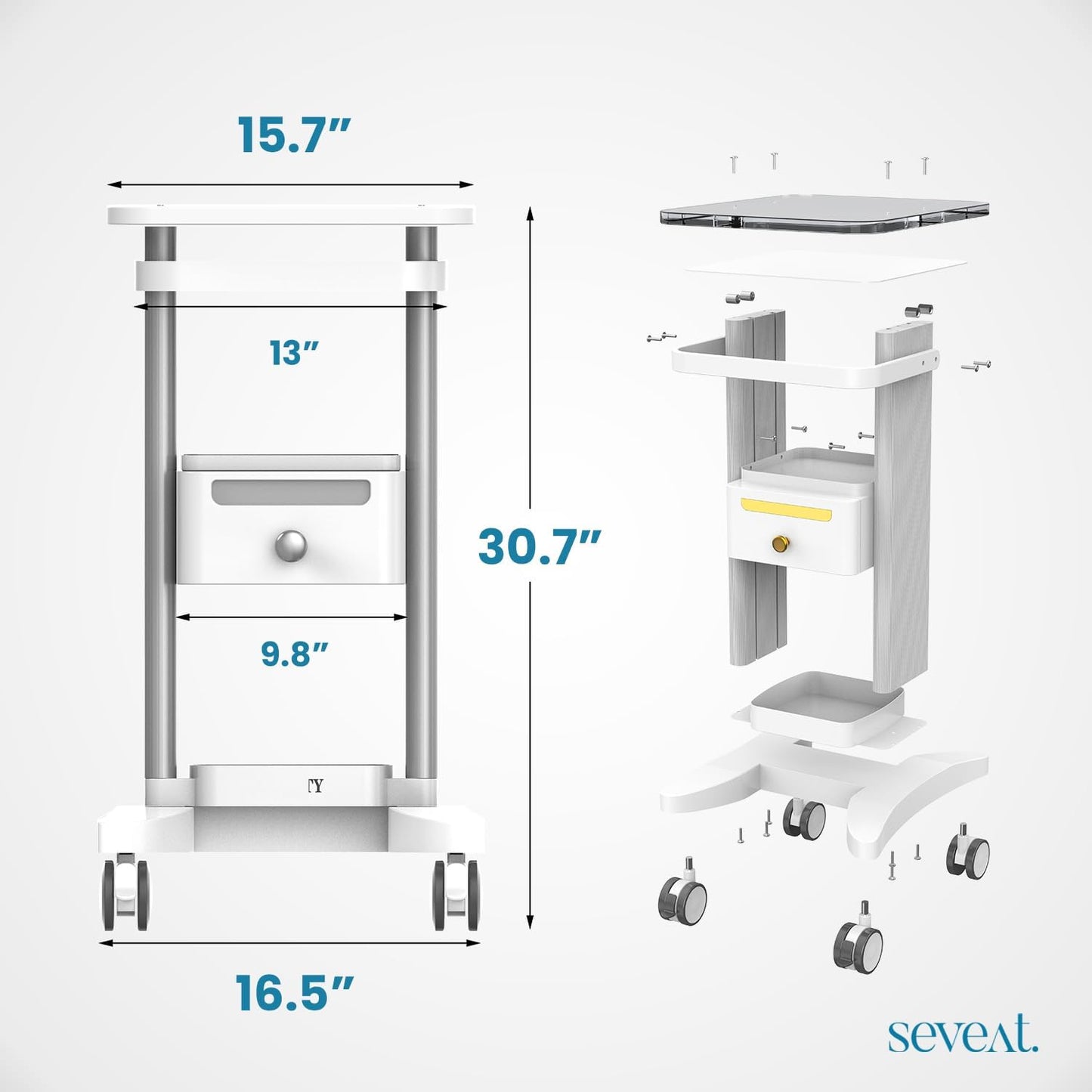Professional Medical Cart with Drawers, 3 Tier, 198 lbs Capacity, Portable Rolling Trolley for Home, Spa, Hospital, Office, Clinic (White)