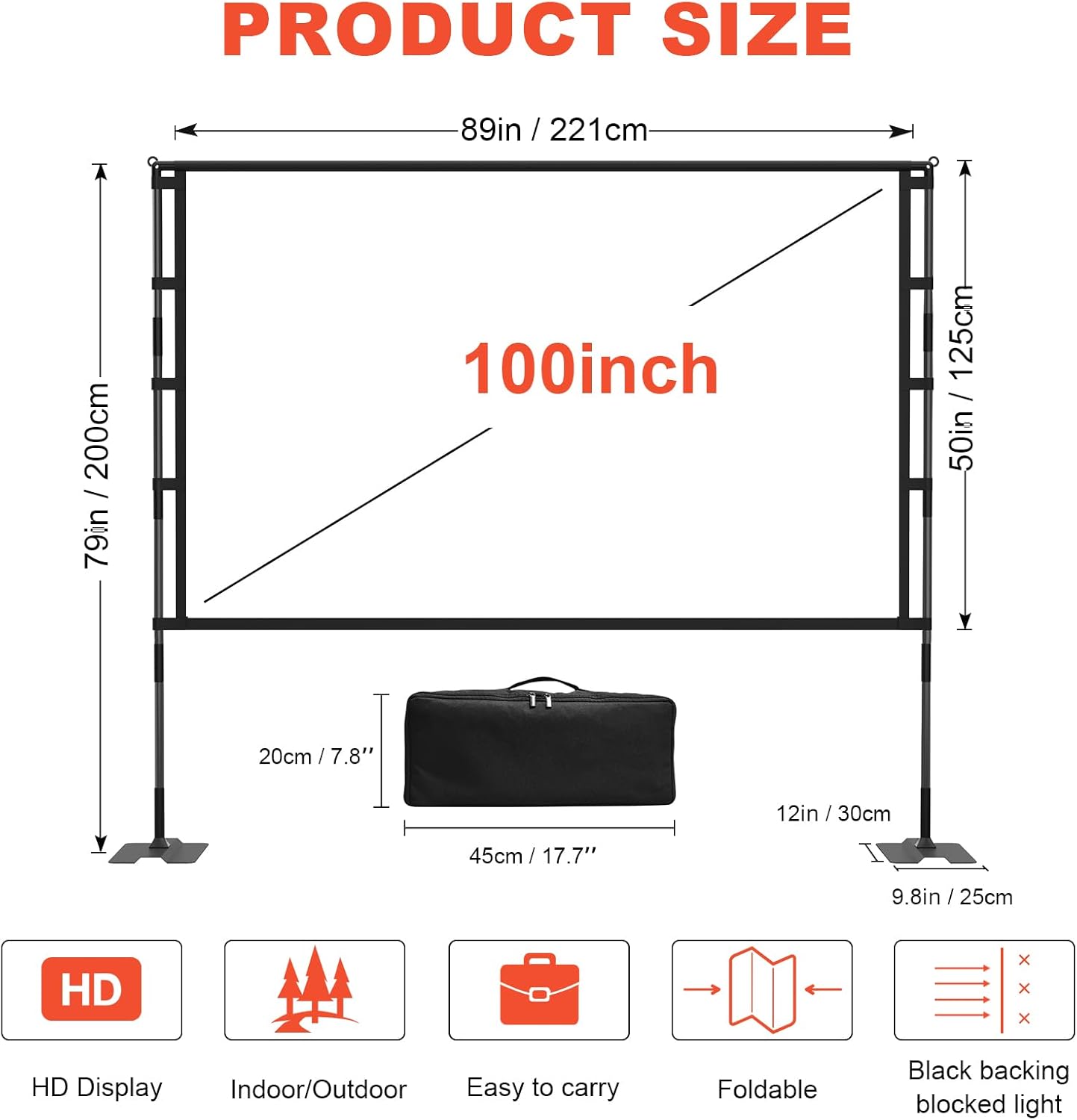 Upgrade Projector Screen Heavy-Duty Stand 100 inch Portable Projection Screen 16:9 4K HD Front Projections Movies Screen with Carry Bag for Indoor Outdoor Home Theater Backyard Cinema Travel